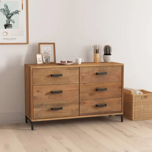 vidaXL Sideboard Braun 110x35x70 cm aus massivem Kiefernholz - Vintage-Kommode aus recyceltem Kiefernholz mit 6 Schubladen für reichlich Stauraum und stabilen Metallfüßen. Ideal für einen einzigartigen Wohnstil.