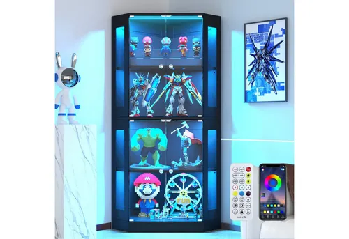 VOWNER Eckvitrine mit Glastüren und LED-Beleuchtung – Schwarz
