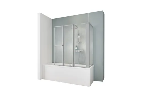 Schulte Badewannenfaltwand Komfort, Kunstglas, 128x140 cm, 3 tlg + Festelement, Tropfen Dekor, Alu-Natur