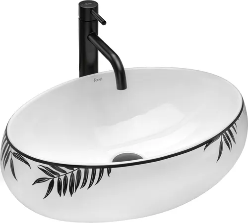 Rea Waschbecken Aufsatzwaschbecken Keramik Oval 31x46 - Elegantes freistehendes Handwaschbecken aus hochwertiger Keramik in Weiß und Schwarz, ideal für moderne Badezimmergestaltungen.
