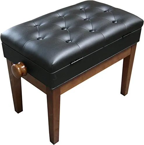 KLAVIERBANK MIT NOTENFACH - PIANOSTUHL - KLAVIERHOCKER - PIANOBANK - WALNUSS Hochglanz - Starke POLSTERUNG - Leder SCHWARZ- HÖHENVERSTELLBAR - SITZFLÄCHE 36cm x 56cm - KL13