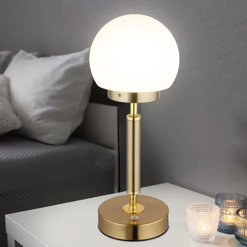 Elegante Tischlampe mit Touchdimmer und Akku - Tischleuchten mit halbrundem opalen Glasschirm, robuster Metallbasis in Messing, stufenlos dimmbar, Farbtemperatur anpassbar von 2700K bis 6500K, ideal für stimmungsvolles Licht in jedem Raum.