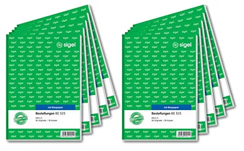 SIGEL BE525/10 Bestellungen A5 - 10er-Pack - Praktisches Bestellformular im A5-Format mit farbiger Kopie. Dank Mikroperforation und Abheftlochung lassen sich die Blätter schnell und sauber herausnehmen. FSC-zertifiziertes Papier aus verantwortungsvollen Quellen.