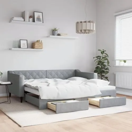 vidaXL Ausziehbares Tagesbett mit Schubladen - Praktisches 2-in-1 Gästebett und Sofa, ideal für Schlafzimmer und Wohnzimmer. Mit zwei Schubladen bietet es zusätzlichen Stauraum und verwandelt sich einfach in ein bequemes Doppelbett.