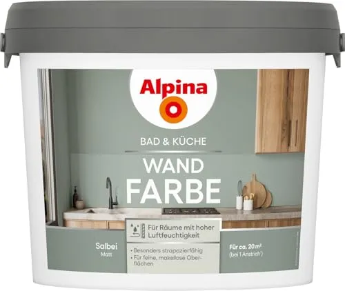 Alpina Wandfarbe für Küche & Badezimmer Salbei 2,5 L - Hochwertige Wandfarbe für Küche & Badezimmer in Salbei, sorgt für ein frisches Ambiente und ist leicht zu reinigen.