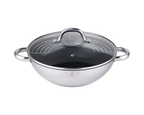 Gustav Voss Edelstahl Wok mit Deckel und Ablagegitter - Edelstahl Wokpfanne mit 24 cm Durchmesser, spülmaschinengeeignet und ideal für alle Herdarten. Perfekt zum gesunden Kochen und Braten.