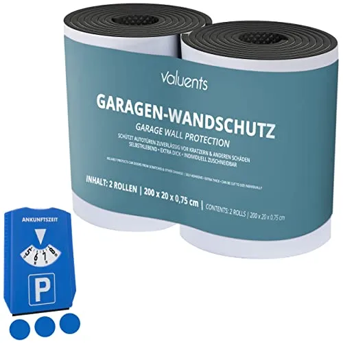 valuents 2X Garagen Wandschutz schwarz, extra dick mit 7,5mm und je 2m lang – Auto Türschutz – Türkantenschutz aus Schaumstoff – selbstklebend +Plus: Parkscheibe