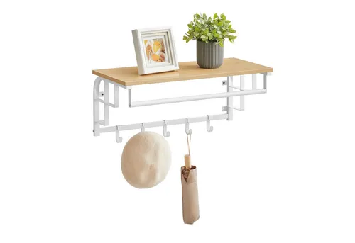 VASAGLE Wandgarderobe mit Ablage, Wandregal, mit 5 abnehmbaren Hakenfür Flur, Schlafzimmer, wandmontiertes Hängeregal mit Hängestange, 30 x 66 x 27 cm