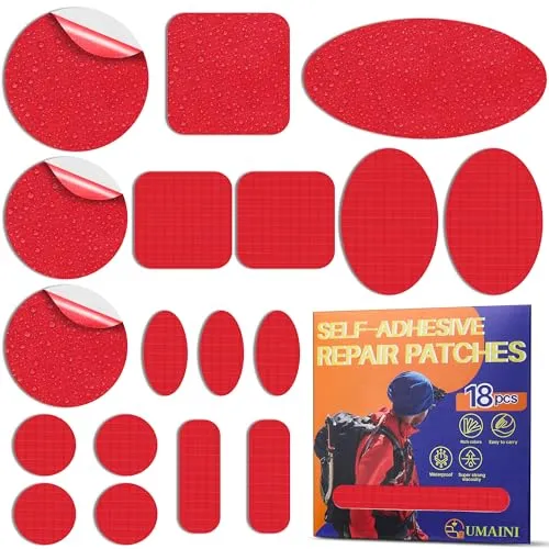 Daunenjacke Flicken Reparaturset, Nylon Flicken Selbstklebend Stoff 18 Stk. | Wasserdicht Daunenjacke Reparatur Patches Rot, Zelt Reparaturset, Outdoor Nylon Reparaturflicken für Jacke