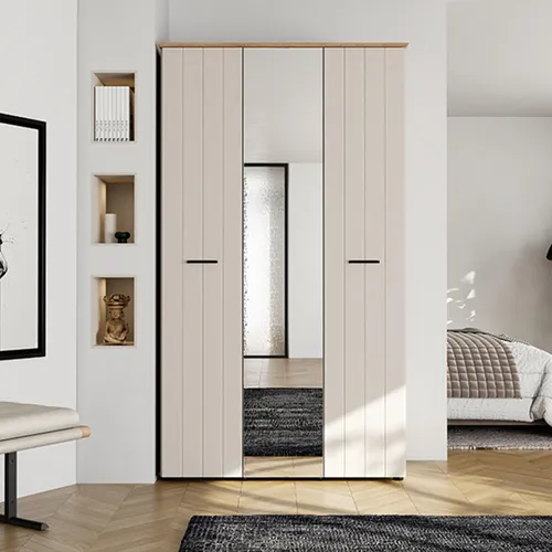 Bhakta Kleiderschrank 3 Türen, 117x54 cm Cremeweiß mit Spiegel