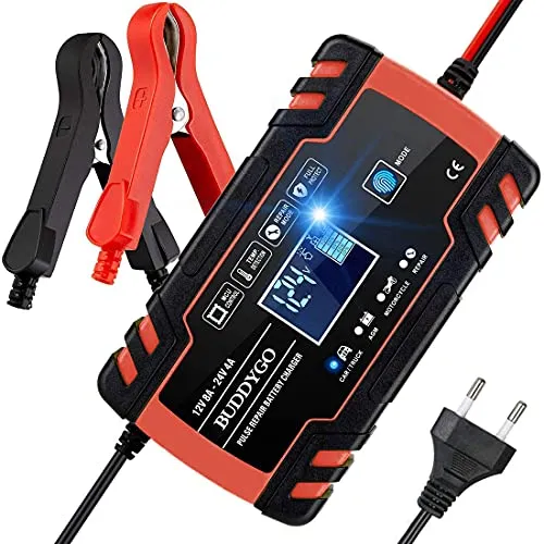 BUDDYGO Autobatterie Ladegerät 12V/24V Batterieladegerät Auto Vollautomatisches Intelligentes Erhaltungsladegerät mit LCD-Bildschirm, Ladegeräte für Autobatterien und Motorradbatterie