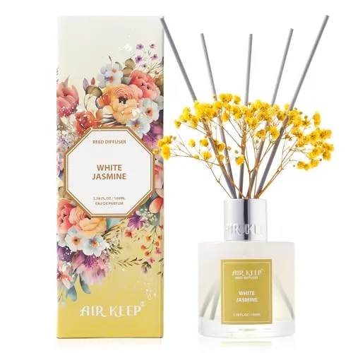 Airkeep Raumduft White Jasmine Duft, Reed Diffuser mit 8 Duftstäbchen, Lufterfrischer für Badezimmer, Wohnung, Heimdekoration, 100ml