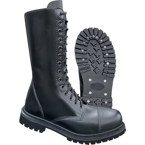 Brandit Boot Uni Phantom 14-Loch schwarz - Wanderschuhe aus 100% Echtleder mit stabiler Stahlkappe und geschraubter, genähter Gummisohle. Ideal für jedes Gelände und perfekt für Festivals!