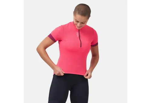 Odlo Damen Radtrikot mit Stehkragen und 1/2 Reißverschluss - Fahrradtrikots aus recycelten Materialien, ideal für lange Touren und Alltagstraining, mit drei Taschen und rutschfestem Silikonband für optimalen Sitz.