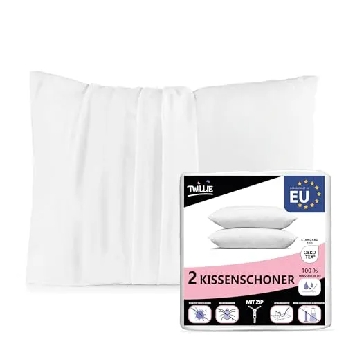Twillie 2er Set Wasserdichter Kissenbezug - für Kopfkissen 80 x 80 - Oeko Tex® zert Kopfkissenbezug Jersey Micro Atmungsaktiv - Ultradünn und Ultraweich – Reißverschluss