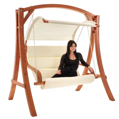 di volio Hollywoodschaukel Pergia creme, Gartenschaukel aus Holz, Outdoor Hängesessel mit Gestell für 2 Personen, mit Sonnendach, wetterfest & robust