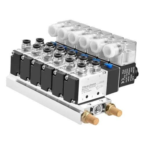 Heschen, elektrisches pneumatisches Magnetventil, 4V210-08, 6 Stück, DC 24 V, PT1/4, 5 Wege 2 Positionen, Verteilerbasis, Schalldämpfer, Schnellbefestigungs-Set
