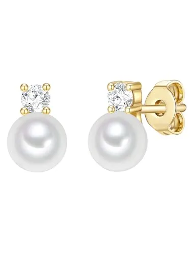 Trilani Damen Ohrstecker aus 925/- Sterling Silber - Ohrringe für Damen, gelbvergoldet mit Zirkonia und Süßwasser-Zuchtperle, idealer Brautschmuck und perfektes Geschenk in edlem Lederetui.
