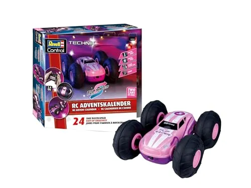 Revell Control RC Stunt Car Bausätze Adventskalender - 24 Tage Spiel- und Zusammenbauspaß, mit 2-Kanal-Stuntcar FlipRacer Pink und LED-Beleuchtung für spektakuläre Stunts