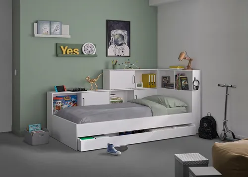 Mid.you Stauraumbett 90x200 cm - Weiß & Eiche Artisan - Funktionales Stauraumbett für Kinder- & Jugendzimmer mit 5 Fächern und Schublade, inklusive praktischen Bettkasten für optimalen Platz. Hergestellt aus Holzwerkstoff und zertifiziert nach ISO 9001 und Pefc.