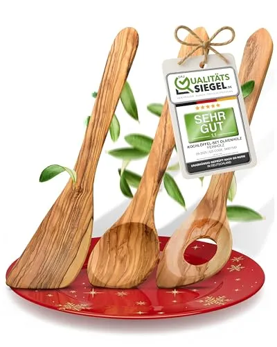 Kochlöffel Holz Set aus Olivenholz im 3er Pack - Made in Germany - Pfannenwender, Risottolöffel & Holzlöffel - Nachhaltig & aus Europa - Kochutensilien Set Naturholz