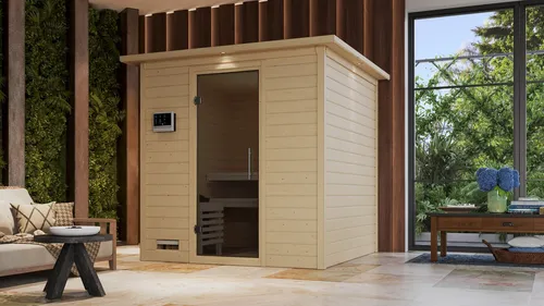 Karibu Sauna Menja - Massivholzsauna mit 9-kW-Ofen - Innensauna aus 40 mm nordischer Fichte, einfach im Steck-Schraubsystem aufzubauen. Genießen Sie 185 cm x 185 cm Innenraum mit hochwertigem Ofenschutzgitter und 3 Liegen für entspannende Saunagänge.