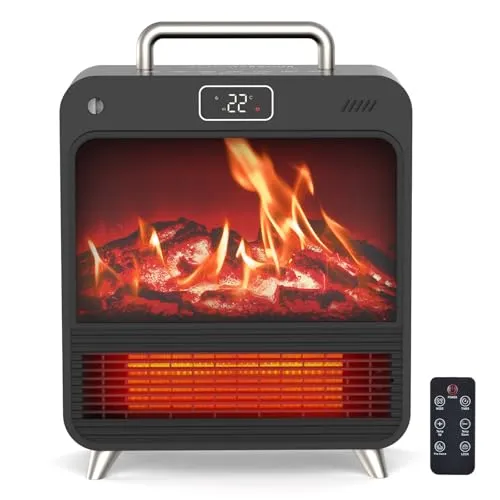 Heizlüfter Energiesparend 1500W, PTC Keramik Heizung mit 4 Modi & Thermostat, Erlebe leisen Komfort im Schlafzimmer mit Kaminofen-Imitation Holzofeneffekt, Überhitzungs- & Kippschutz sowie 12H Timer