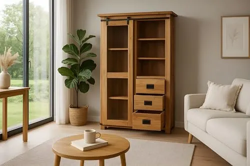 SAM Vitrine Libro, Akazienholz massiv + naturfarben, Glasvitrine mit Einer Glasschiebetür, 3 Schubladen & 7 offenen Fächern, Türelemente & Reling aus Gusseisen, 100 x 175 x 43 cm