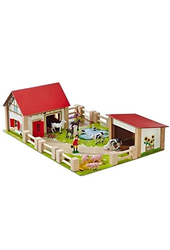 Eichhorn Bauernhof Set mit 25 Teilen - Spielplatte, Figuren, Tiere & Zäune - Tierfiguren für Kinder - Großer 36x51cm Bauernhof aus Buchenholz mit verschiedenen Tieren und einer Bäuerin-Figur, ideal für kreatives Rollenspiel ab 3 Jahren.