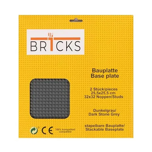 JP BR1CKS Bauplatte, 32x32 (25,5 x 25,5 cm), 2er Set /2 Platten, Kompatibel mit Allen führenden Marken, beidseitig bebaubar (dunkelgrau)