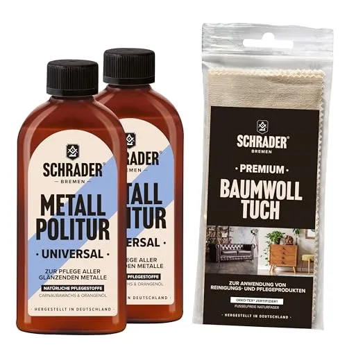 SCHRADER Metall Politur universal - 2x 250ml - Metallreiniger für alle Metalle, entfernt Verfärbungen und schützt vor Anlaufen. Ideal für Haushaltsgegenstände, Möbel und Fahrzeuge. Made in Germany.