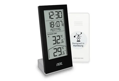 ADE Funk-Raumthermometer mit Außensensor - Präzise Temperaturüberwachung mit Uhrzeit und ausgeschriebenem Wochentag. Inkl. 4 AAA-Batterien, ideal für Garten oder Balkon.