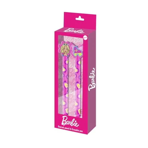 Karactermania Barbie Mix-Set mit Ewiger Bleistift + Radierbarer Gelstift, Rosa, 14 x 23 cm
