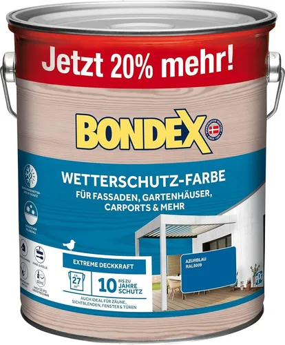 Bondex Wetterschutz-Farbe Azurblau RAL 5009 - 3 Liter - Lacke für Holz im Außenbereich, schützt effektiv vor Witterungseinflüssen und verleiht eine attraktive azurblaue Farbe.