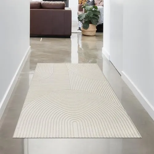 CARPETIA Moderner Teppich Läufer mit 3D Linien in Creme - Eleganter Flurläufer mit Hoch-Tief-Effekt, ideal für Eingangsbereiche. Der weiche Teppich in sanfter Cremefarbe schafft eine einladende Atmosphäre und sorgt für Gemütlichkeit.