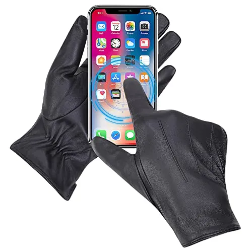 MGGMOKAY Herren Lederhandschuhe Touchscreen Kaschmir gefüttert,Schwarz,L