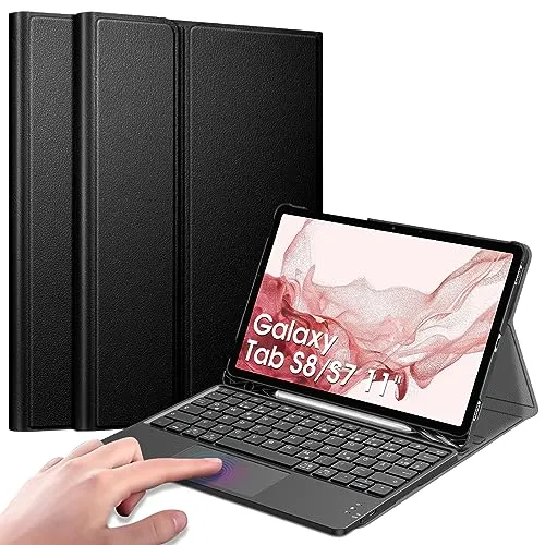 FINTIE Tastatur Hülle für Samsung Galaxy Tab S8/S7 11 Zoll - Tastatur mit Touchpad für Samsung Galaxy Tab S8/S7, bietet praktischen Schutz und ermöglicht eine einfache Bedienung ohne Maus. Inklusive Stifthalterung und verstellbarem Ständer für flexibles Arbeiten.