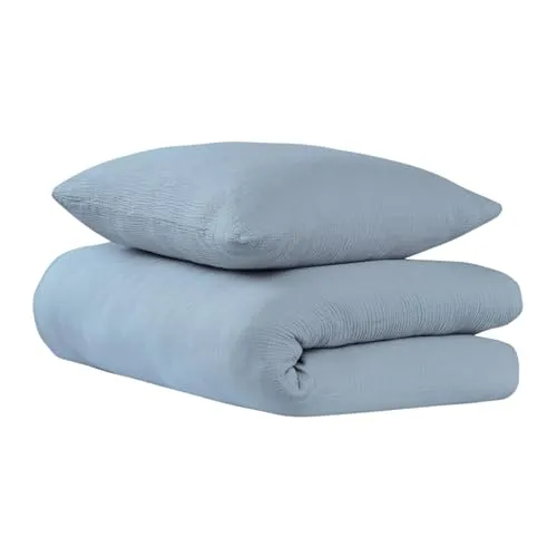 Uncover by Schiesser Bettwäscheset Lennox - 2-teilig - Musselin - Hellblau - 135x200cm - Bettwäsche-Set aus weichem, nachhaltigem Musselin für ganzjährigen Komfort. Ideal für Familien, pflegeleicht und ohne Bügeln - einfach waschen und genießen!