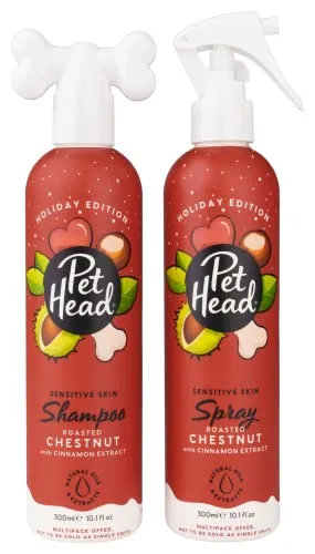 Pet Head Hundeshampoo und Spray-Set | Geröstete Kastanie mit Zimtduft, Urlaubs-Edition| Weihnachtsshampoo für Hunde mit empfindlicher Haut | Vegan | Sanfte Formel für Welpen | je 300 ml
