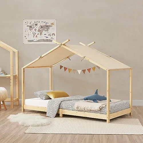 [en.casa] Kinderbett Brome Hausbett 90 x 200 cm - Bettenhaus Spielbett aus massivem Kiefernholz mit abnehmbarem Stoffdach – ein sicherer Rückzugsort für kleine Träumer und leicht aufzubauen!