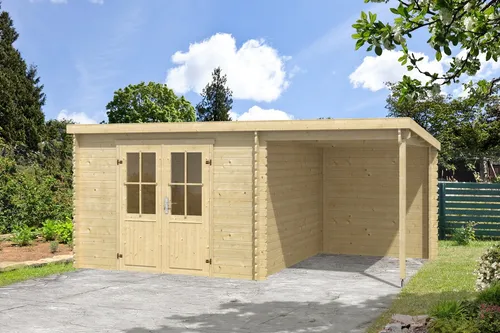Gartenhaus Blockhaus Anbau Freisitz TAMPA 28 mm - Modernes Gartenhaus aus robustem Holz mit 28 mm Wandstärke. Ideal für entspannte Stunden im Freien, inklusive Befestigungsmaterial und 2 Jahre Garantie.