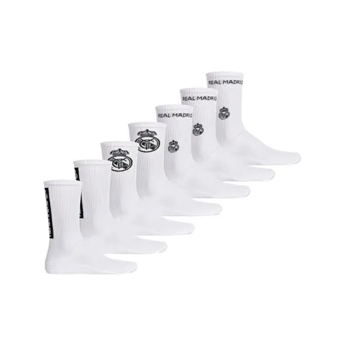 Real Madrid Socken Unisex 7er Pack – Offizielles Lizenzprodukt | Baumwollmischung mit eingewebtem Logo | Weiß 35-38 - Offizielles Lizenzprodukt im praktischen 7er Pack – perfekt als Fangeschenk für jeden Anlass. Hochwertige Baumwollmischung sorgt für optimalen Tragekomfort und Atmungsaktivität. Zeige deine Leidenschaft für Real Madrid!
