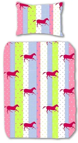 Produktbild JACK Kinder Renforcé Bettwäsche 2 TLG. 135x200cm Pferde Streifen Punkte Bunt Pink Grün Blau