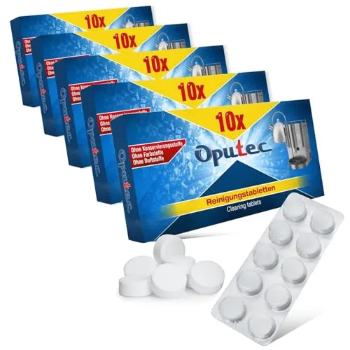 Oputec 5 x 10 Stück Reinigungstabletten für Kaffeevollautomaten Kaffeemaschinen Espressomaschinen: 50 Entfetter-Tabletten á 2g | Kompatibel zu Jura, Siemens, Saeco u.v.m.