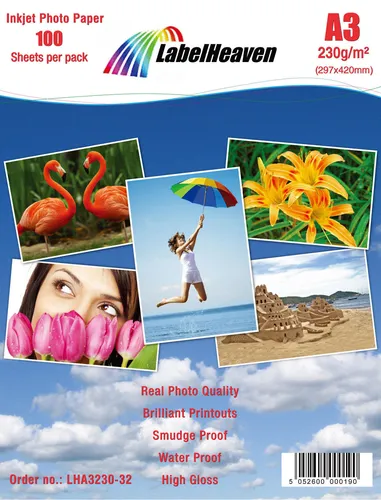 Blatt DIN A3 230g/m² Fotopapier HGlossy+wasserfest von LabelHeaven 100