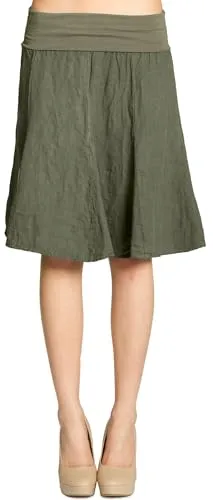 Caspar Damen Midi Sommer Leinenrock - Olivgrün, Knielang mit Stretch Bund - Damen Röcke: Klassischer Faltenrock aus hochwertigem Leinen, figurfreundlich geschnitten und mit hohem Tragekomfort dank elastischem Bund.