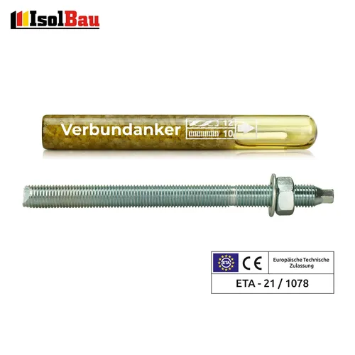 Set Verbundankerpatrone M10 + Ankerstange M10 x130mm Verzinkt ETA Mörtelpatrone