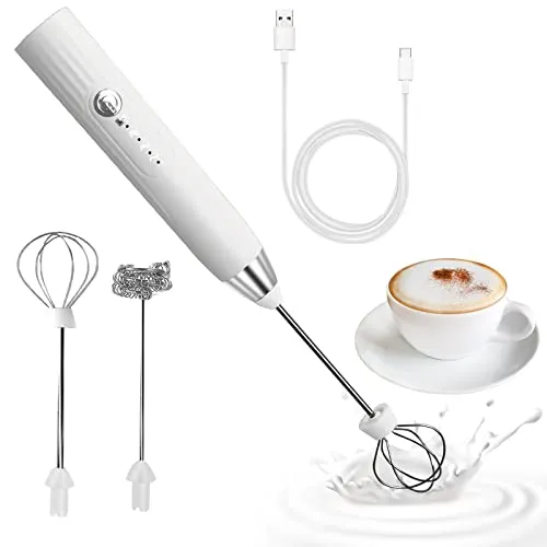 milchaufschäumer elektrisch stab, USB wiederaufladbar ​milchschäumer elektrisch, elektrischer schneebesen 3 einstellbare geschwindigkeiten edelstahl für kaffee cappuccino latte (Silberweiß)