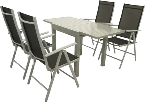 TPFGarden Sunderland 5-teilige Garten-Essgruppe mit Klappsesseln - Moderne 5-teilige Garten-Essgruppe mit klappbaren Sesseln und ausziehbarem Tisch (70/140 cm). Wetterfest und pflegeleicht – perfekt für Balkon und Terrasse.