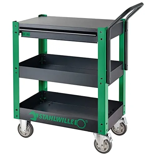 STAHLWILLE Werkstattwagen 612 ST - Robuster Service Trolley mit Schublade - Werkzeugschränke - Hohe Tragkraft von 150 kg, ideal für Ordnung in Werkstatt und Garage mit praktischen Ablageflächen und Mobilität durch elastische Rollen.